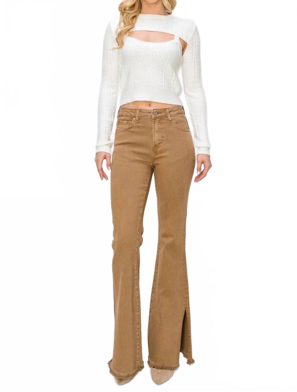 NEW RISEN high rise side slit flare pants in brown